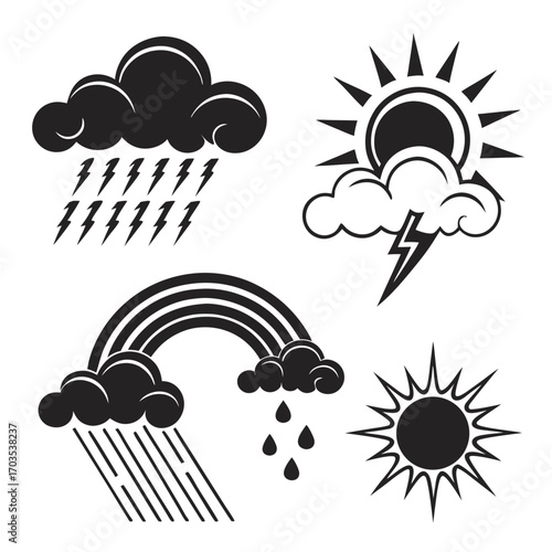 Collection of black and white weather icons depicting a stormy cloud with lightning and rain a sunny cloud with lightning a rainbow with rain and a bright sun