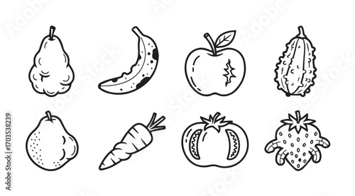 Collection of hand drawn fruit and vegetable silhouettes for healthy eating