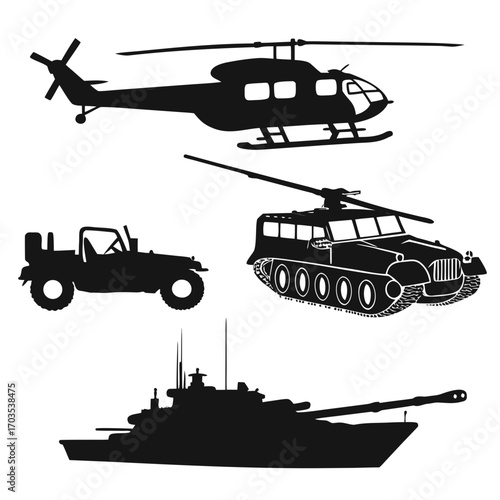 Collection of silhouettes featuring military vehicles including a helicopter a jeep a half track and a tank on a white background