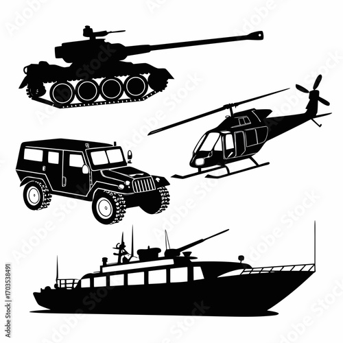 Collection of black silhouettes of military and civilian vehicles including a tank a helicopter an off road vehicle and a boat on a white background