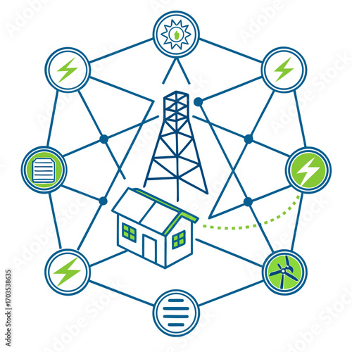 Conceptual illustration of a smart grid system connecting a residential home to renewable energy sources like solar and wind power alongside traditional infrastructure and data management