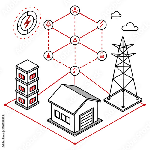 Conceptual illustration of a smart grid network connecting a house data center and power transmission tower with interconnected nodes representing energy distribution and control elements