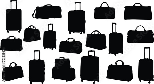 Silhouettes of assorted travel luggage bags, rolling suitcases, duffel bags, carry-on bags, travel gear, vacation packing essentials, travel accessories