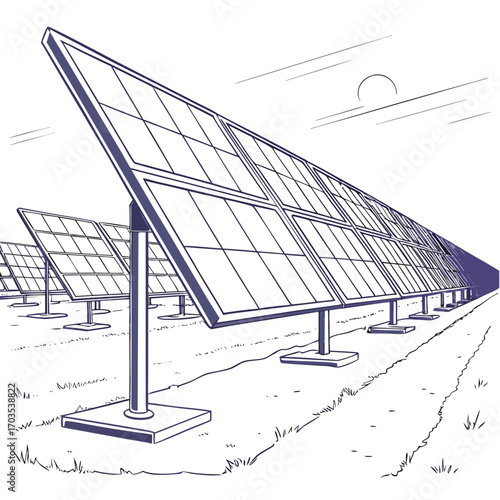 A stylized line drawing illustration of a solar panel farm with rows of photovoltaic panels stretching into the distance under a bright sun and cloudy sky