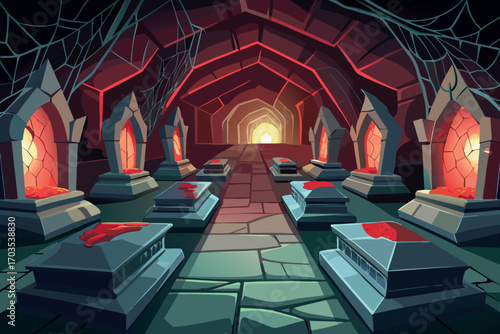 Eerie crypt hallway with glowing arches and blood stained tombs