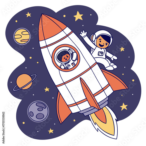 Cute cartoon astronauts joyfully exploring outer space on a rocket ship surrounded by planets stars and nebulae in a whimsical cosmic adventure illustration