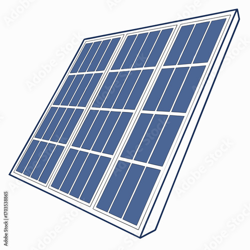 A clean graphic illustration of a blue solar panel with a white frame and grid lines isolated on a white background representing renewable energy