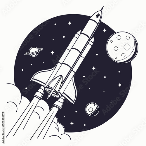 A stylized illustration of a space shuttle launching into the dark night sky filled with stars planets and a moon symbolizing space exploration and adventure