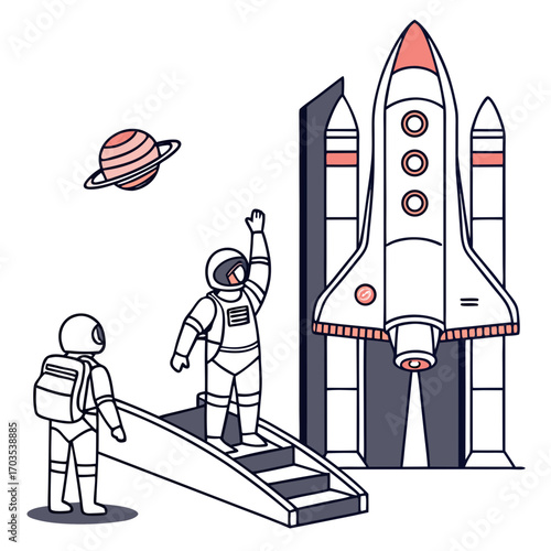Two astronauts in spacesuits prepare for a space mission with a rocket ship and a distant planet in a stylized illustration