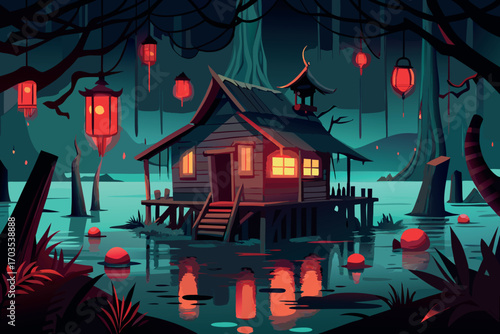 Mysterious stilt house illuminated by red lanterns in a dark swamp