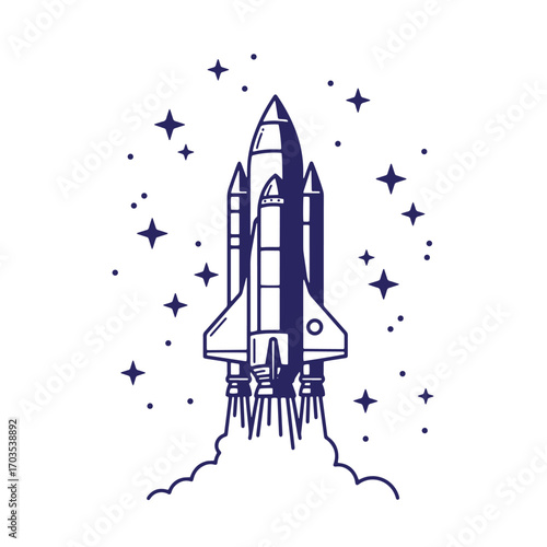 Illustration of a rocket ship launching into space surrounded by stars in a minimalist style