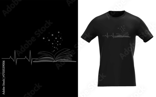 Vintage distressed heartbeat graphic with book and reading elements perfect for book lovers and gift occasions