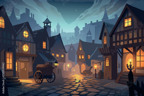 Enchanting medieval village street at twilight