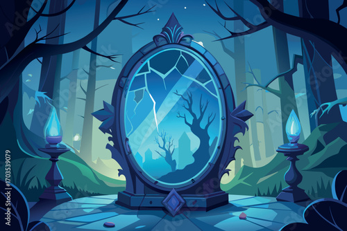 Mysterious cracked mirror reflecting a spooky forest scene
