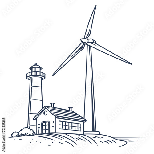 A solitary lighthouse stands beside a modern wind turbine and a small building on a coastal landscape symbolizing renewable energy and maritime navigation