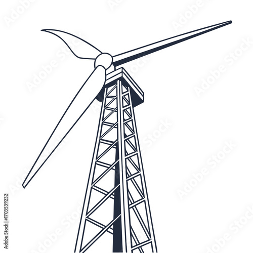 A stylized line art illustration of a modern wind turbine with three blades mounted on a tall lattice tower viewed from a low angle against a white background