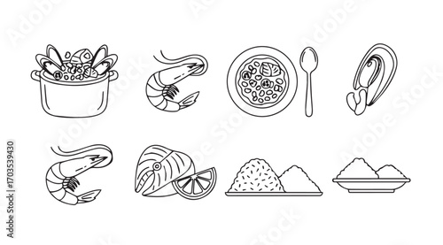 Collection of seafood and food illustrations in a distinctive silhouette style