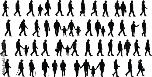 Silhouettes of diverse people walking, including children, elderly, families, couples, and individuals, city life, urban movement, social interaction, lifestyle