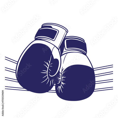 Illustration of boxing gloves resting on boxing ring ropes simple vector design