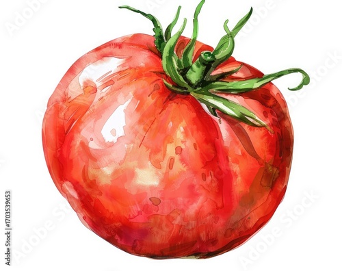 A watercolor painting of a single, ripe red tomato on a white background, showcasing its texture and vibrant color through loose brushstrokes