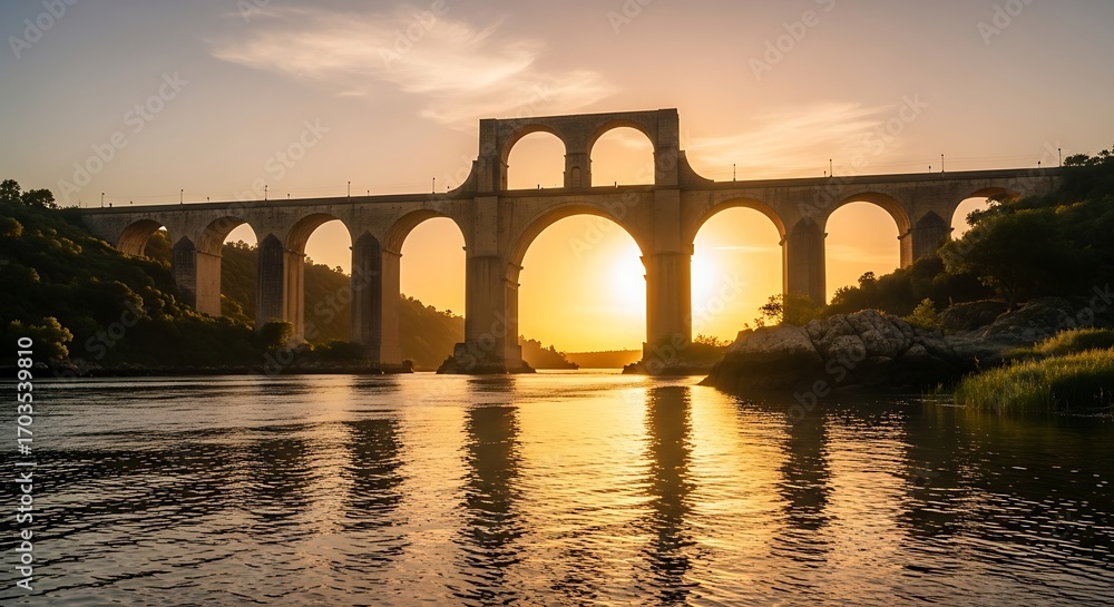 Obraz premium Majestic Aqueduct at Sunset - A Stunning Reflection on the Water.