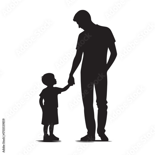 Silhouette of father and son holding hands, family love and relationship vector illustration