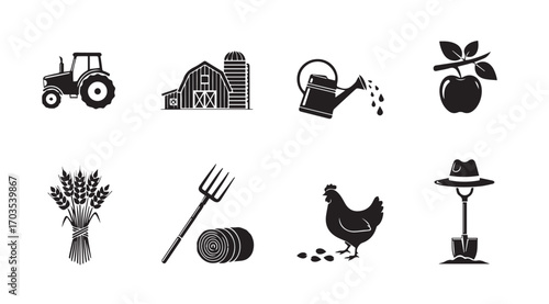 Collection of farm and agriculture icons in silhouette style