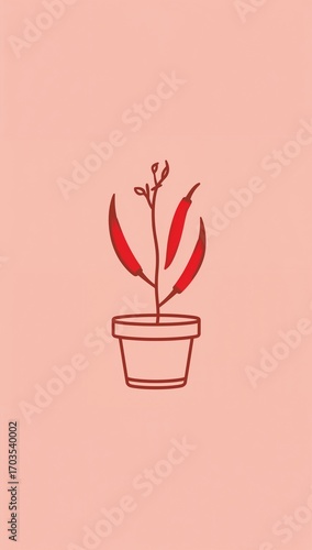 Minimalist chili plant flat design simple line hand drawing on plain pale coral background