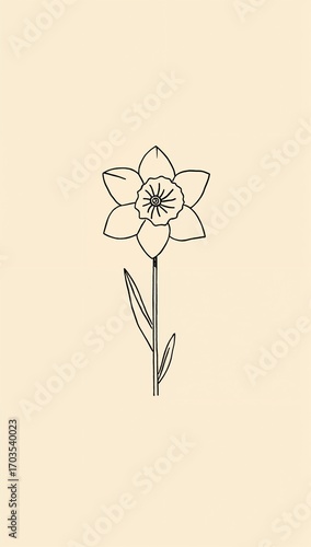 Minimalist daffodil flower flat design simple line hand drawing on plain buttercream background