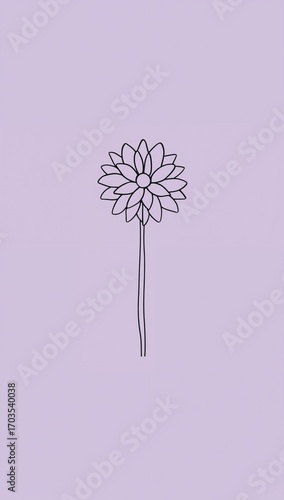Minimalist dahlia flower flat design simple line hand drawing on plain light purple background