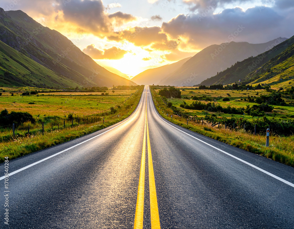 Naklejka premium Highway with Smooth Black Asphalt and Double Yellow Center Lines