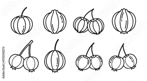 Collection of various fruit silhouettes with stems and leaves silhouette
