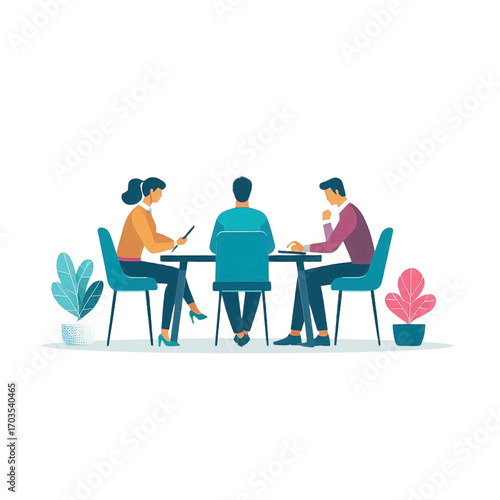 Modern Flat Design Vector Illustration of Three People Sitting at A Table Having A Business Meeting