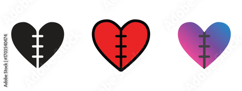 Stitched broken heart design in flat, red, and gradient variations