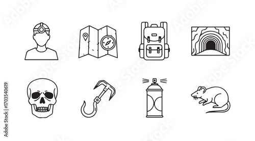 Collection of adventure and exploration themed icons in silhouette style