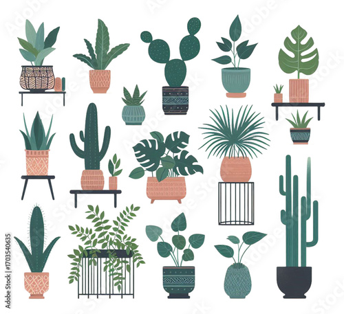 Flat Vector Illustration of Various Indoor Potted Plants