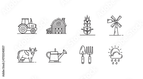 Collection of farm icons including tractor barn corn windmill cow watering can and rain silhouette