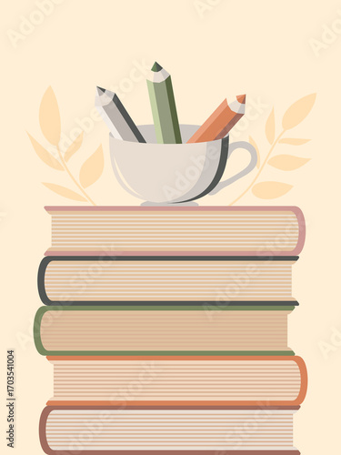 A stack of books and pencils in a cup on a soft pink banner, dedicated to World Book Day. 