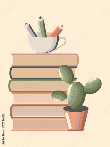 A stack of books with a potted cactus and pencils in a cup isolated on a soft pink background for World Book Day. 