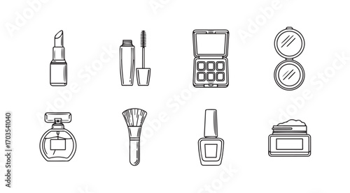 Collection of makeup items in a distinctive silhouette style