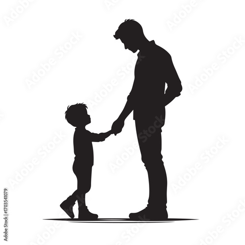Silhouette of father and son holding hands, family love and relationship vector illustration