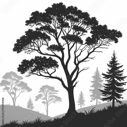 Silhouette landscape featuring various trees on rolling hills under a bright white background scene outdoors created with generated ai