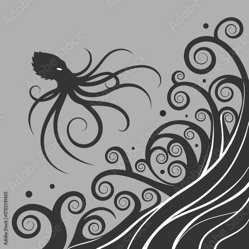 Stylized octopus with flowing tentacles and swirling wave designs on a gray background illustration created with generated ai