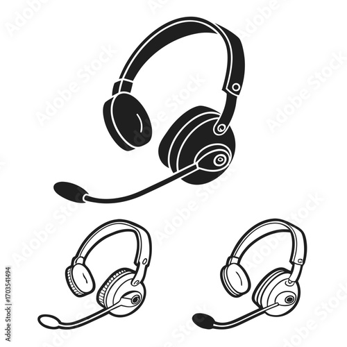 Three headset illustrations with varying perspectives and styles on a white background design image created with generated ai