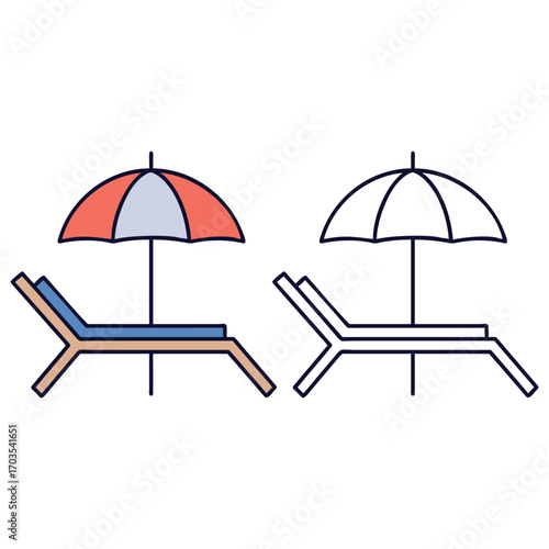 Beach chair umbrella illustration summer vacation color outline icon