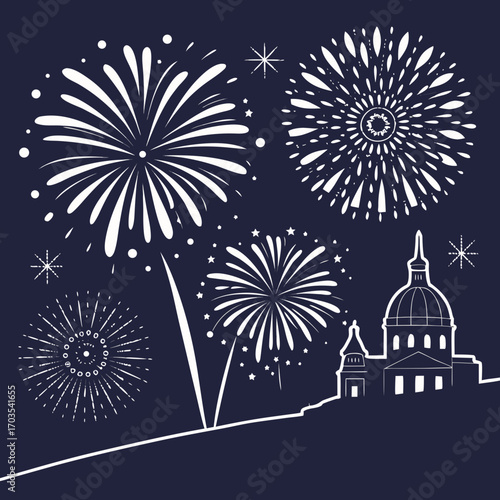 White fireworks display over building silhouette on dark blue background celebration illustration design created with generated ai