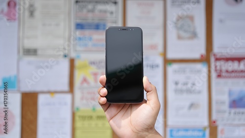 A person's hand holds a modern smartphone with a dark screen against a bulletin board filled with various paper notices and advertisements.
