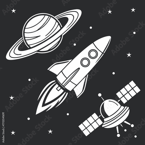 Illustration of a rocket ship flying through space with a planet and satellite in the background art style created with generated ai
