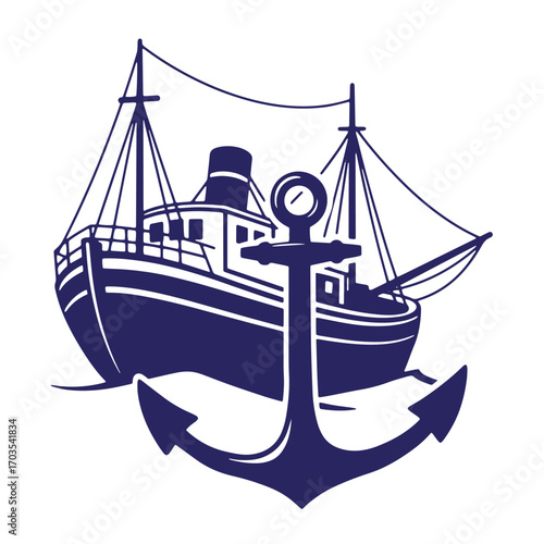 Nautical illustration featuring a navy blue anchor and a detailed steamboat silhouette