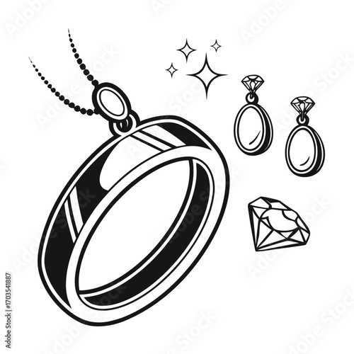 Illustration of ring pendant necklace earrings and diamond with sparkle in black and white style created with generated ai